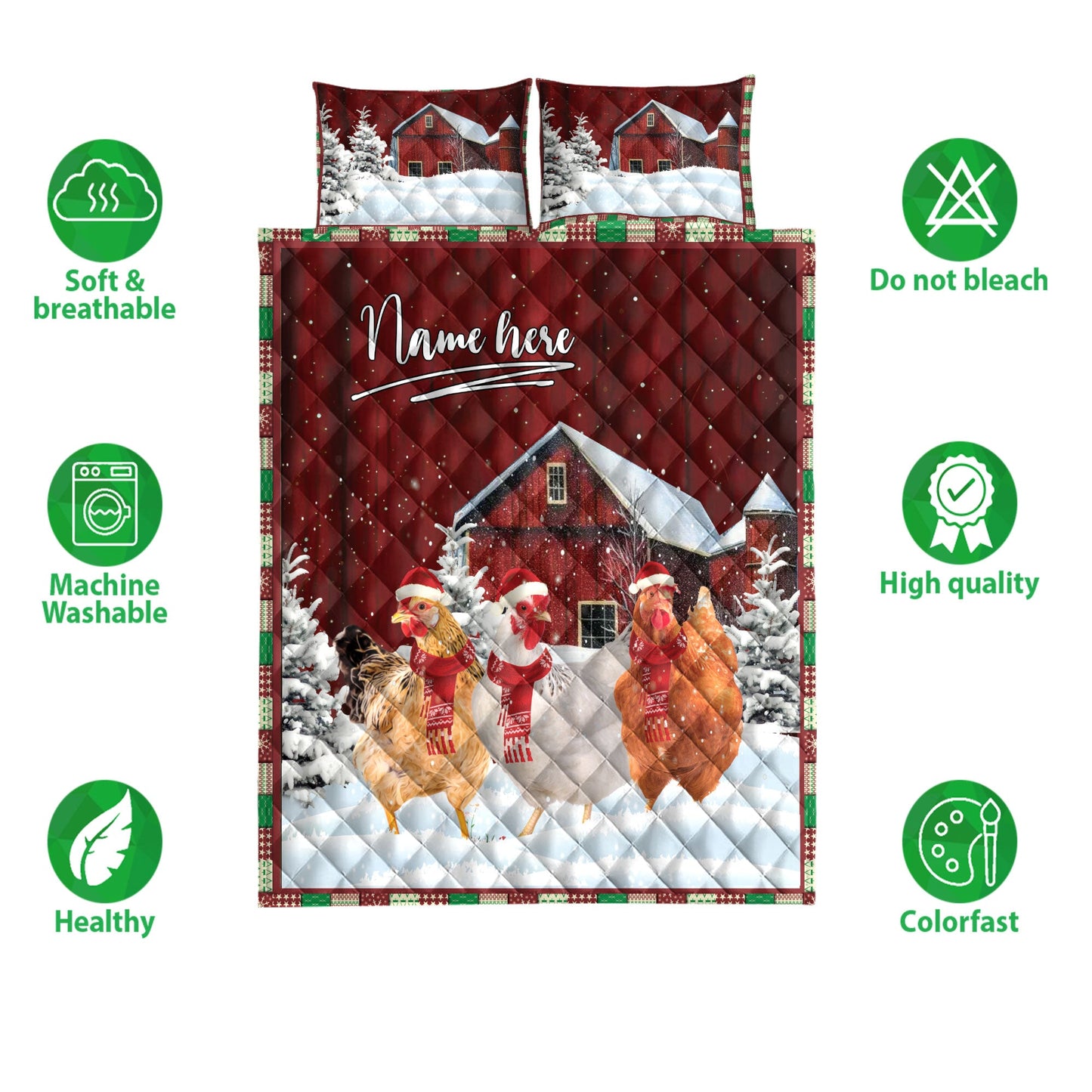 Chicken Quilt Set, Chicken Rooster With String Lightsmas Tree Snowdrift Quilt Blanket With Pillowcases, Quilt Bedding Set, Christmas Gift