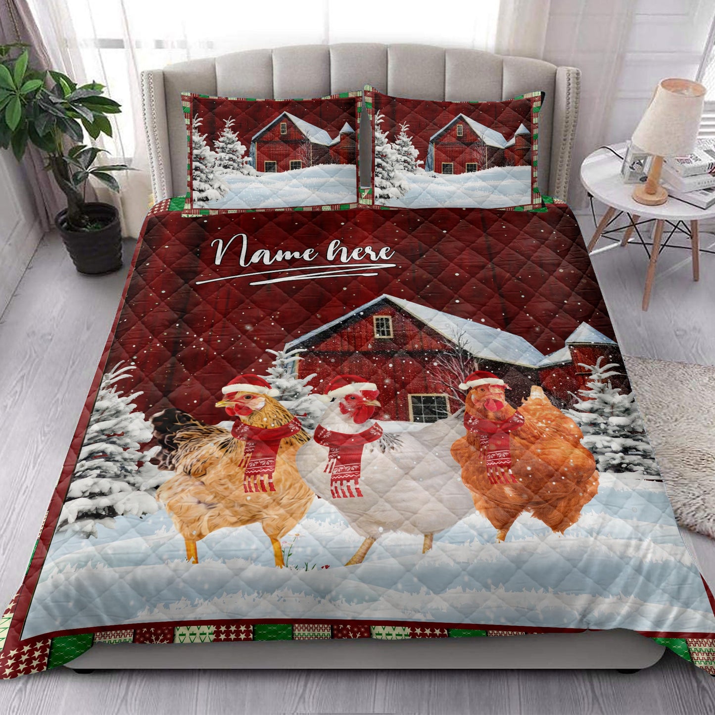 Chicken Quilt Set, Chicken Rooster With String Lightsmas Tree Snowdrift Quilt Blanket With Pillowcases, Quilt Bedding Set, Christmas Gift