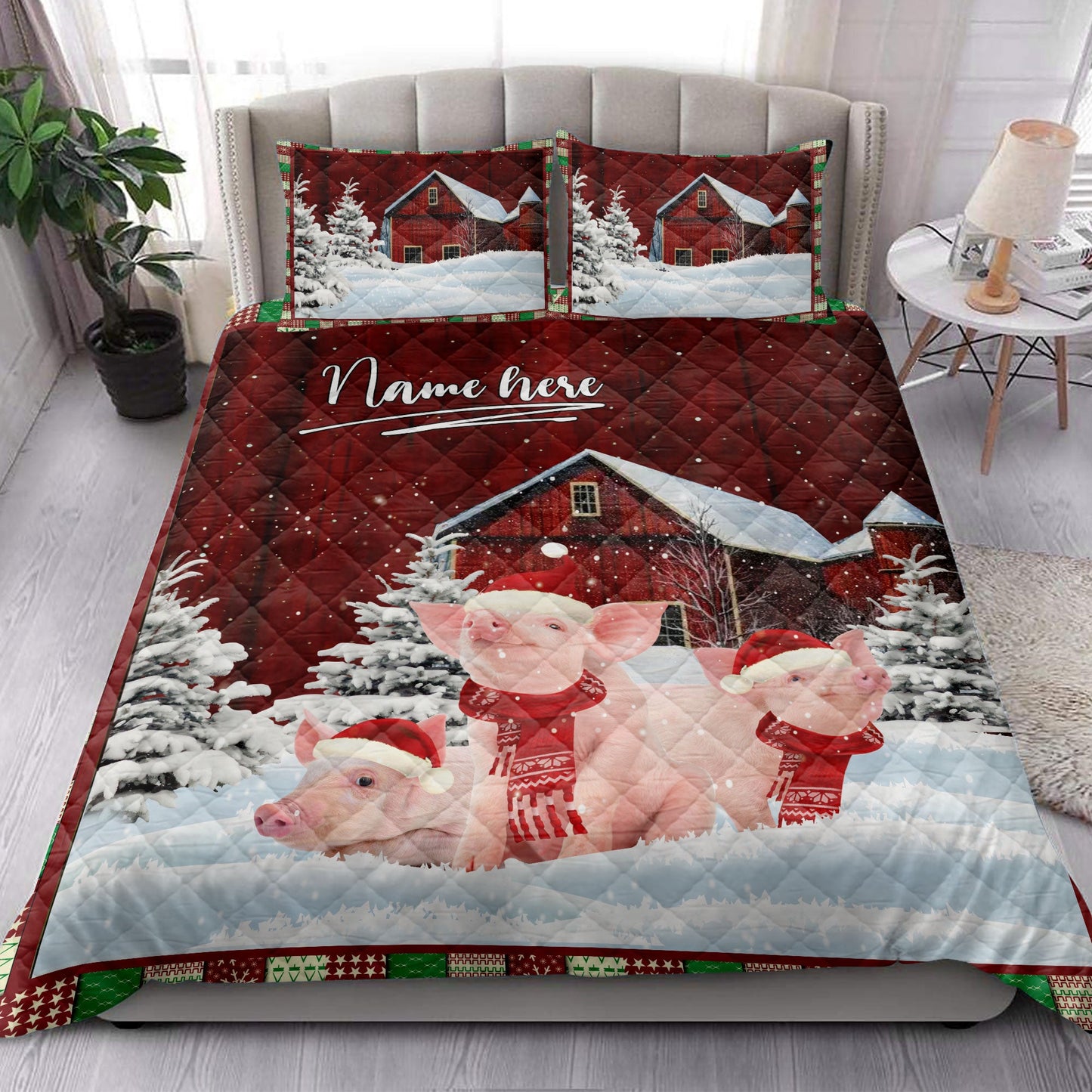 Pig Quilt Set, Pig With String Lightsmas Tree Snowdrift Quilt Blanket With Pillowcases, Quilt Bedding Set, Christmas Gift