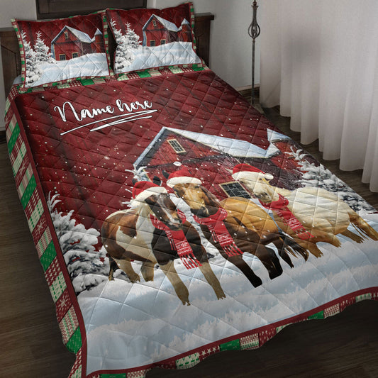 Horse Quilt Set, Horse With String Lightsmas Tree Snowdrift Quilt Blanket With Pillowcases, Quilt Bedding Set, Christmas Gift