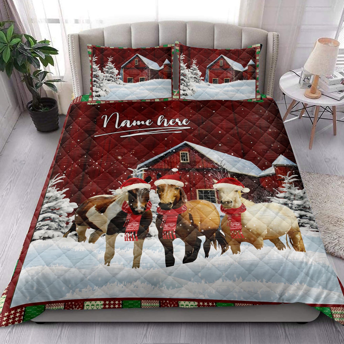 Horse Quilt Set, Horse With String Lightsmas Tree Snowdrift Quilt Blanket With Pillowcases, Quilt Bedding Set, Christmas Gift