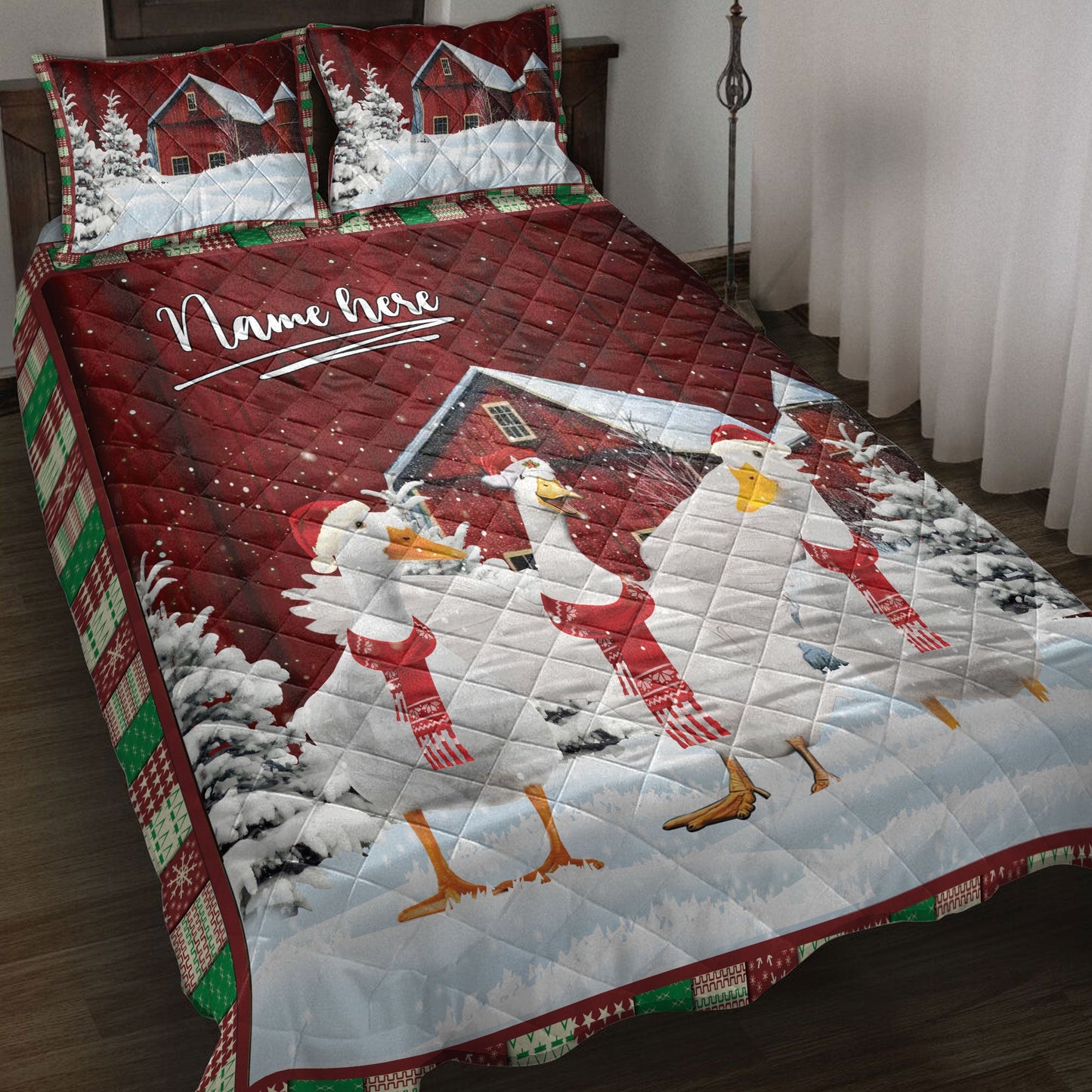 Duck Quilt Set, Duck With String Lightsmas Tree Snowdrift Quilt Blanket With Pillowcases, Quilt Bedding Set, Christmas Gift