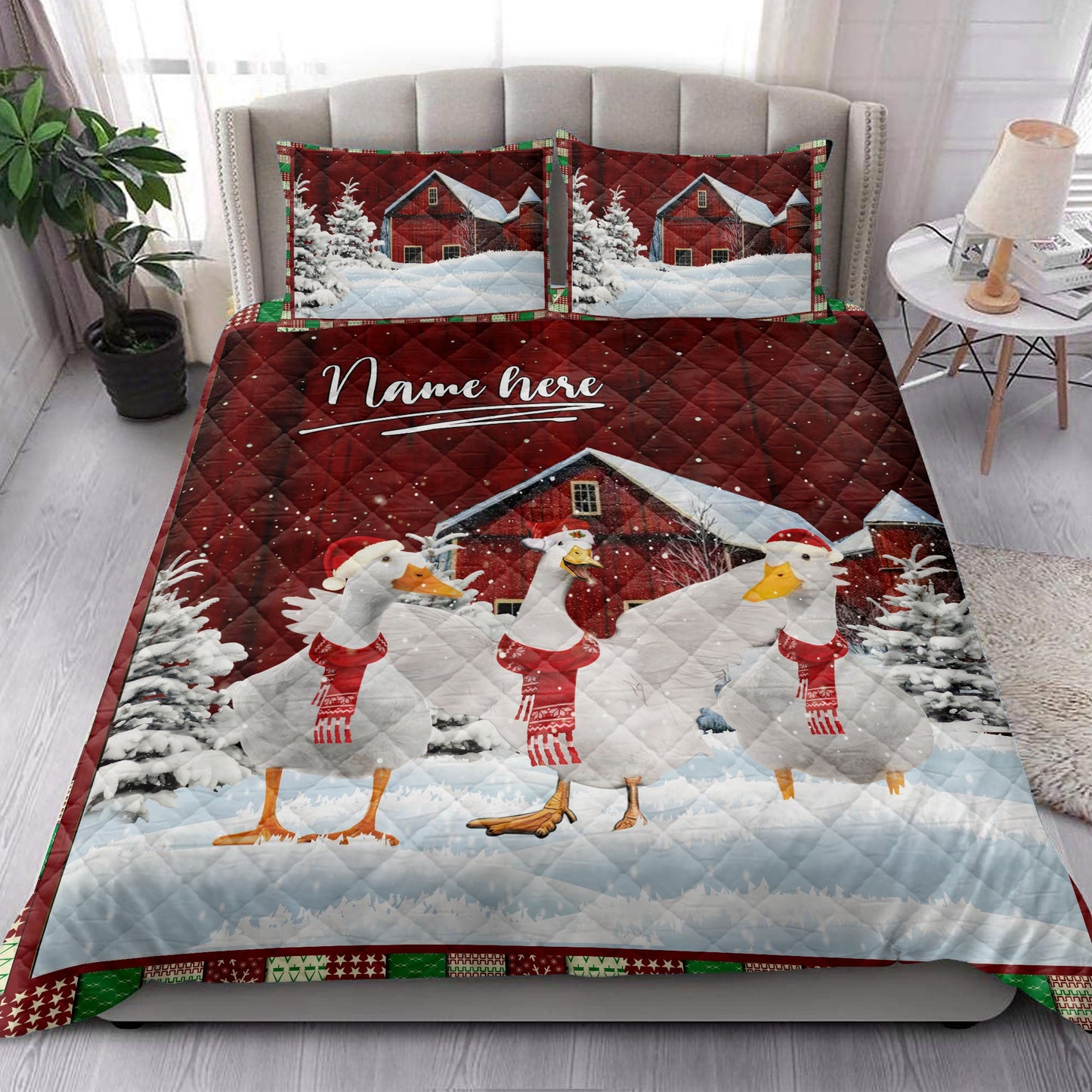 Duck Quilt Set, Duck With String Lightsmas Tree Snowdrift Quilt Blanket With Pillowcases, Quilt Bedding Set, Christmas Gift