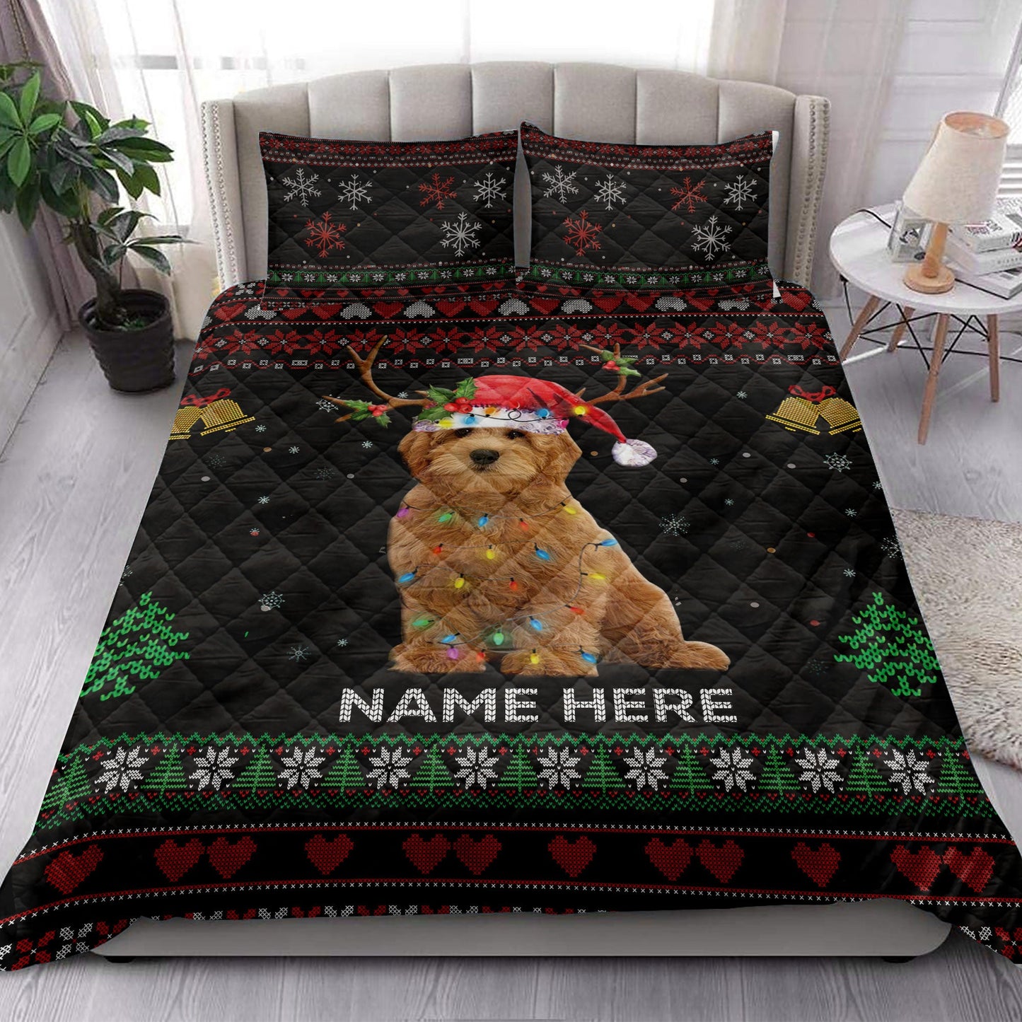 Personalized Goldendoodle Quilt Set, Goldendoodlemas Hat String Lights Quilt Blanket With Pillowcases, Custom Name Quilt Bedding Set, Christmas Gift