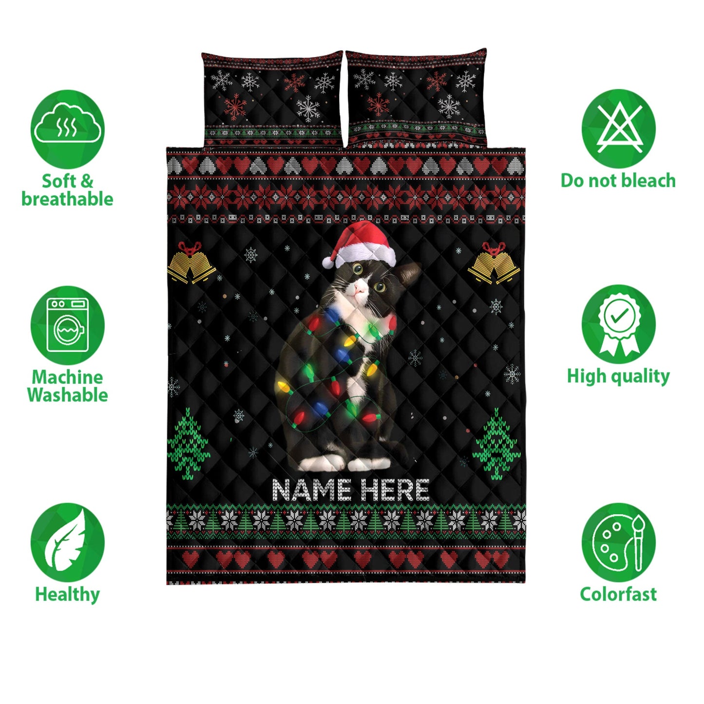 Personalized Tuxedo Cat Quilt Set, Tuxedo Catmas Hat String Lights Quilt Blanket With Pillowcases, Custom Name Quilt Bedding Set, Christmas Gift