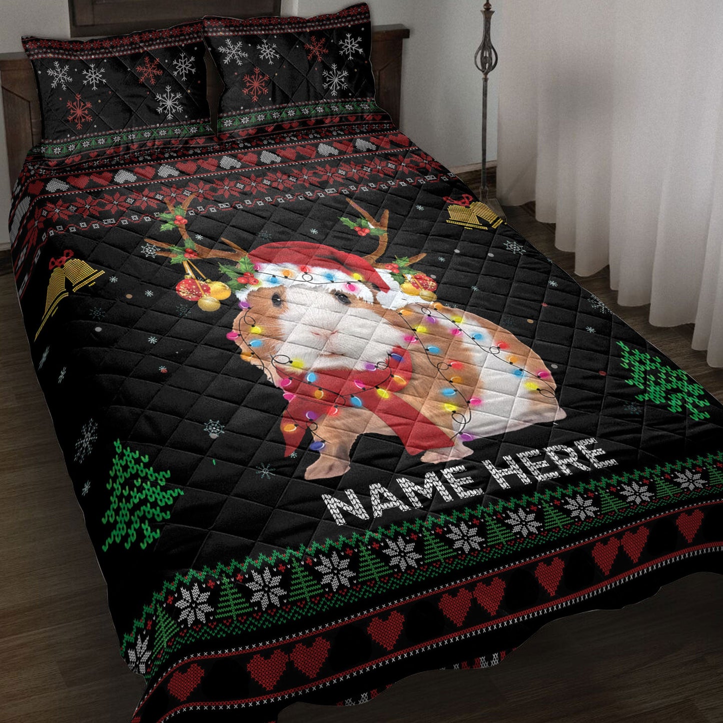 Personalized Guinea Pig Quilt Set, Guinea Pigmas Hat String Lights Quilt Blanket With Pillowcases, Custom Name Quilt Bedding Set, Christmas Gift