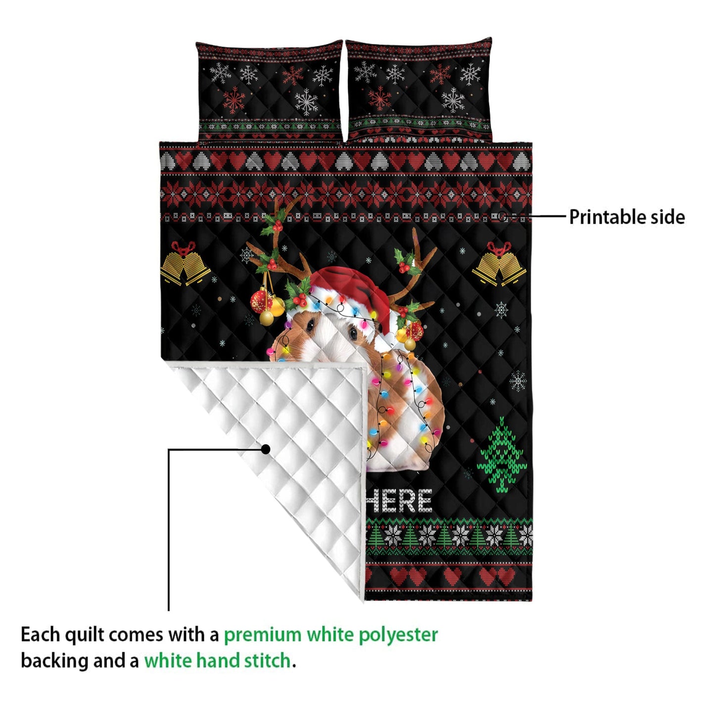 Personalized Guinea Pig Quilt Set, Guinea Pigmas Hat String Lights Quilt Blanket With Pillowcases, Custom Name Quilt Bedding Set, Christmas Gift