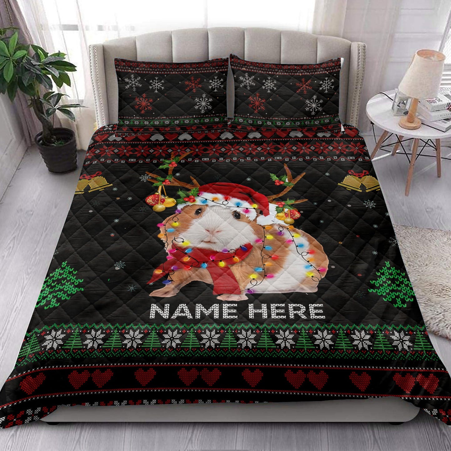 Personalized Guinea Pig Quilt Set, Guinea Pigmas Hat String Lights Quilt Blanket With Pillowcases, Custom Name Quilt Bedding Set, Christmas Gift