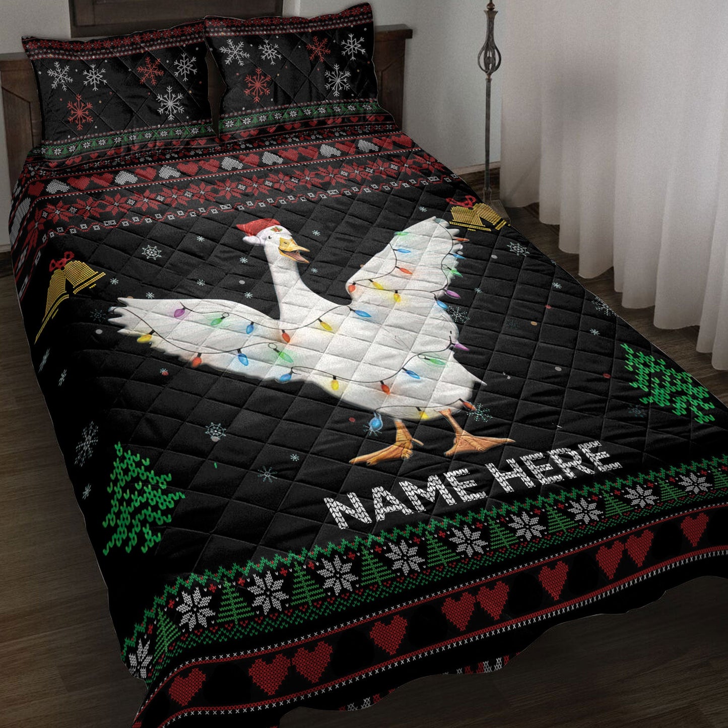 Personalized Duck Quilt Set, Duckmas Hat String Lights Quilt Blanket With Pillowcases, Custom Name Quilt Bedding Set, Christmas Gift