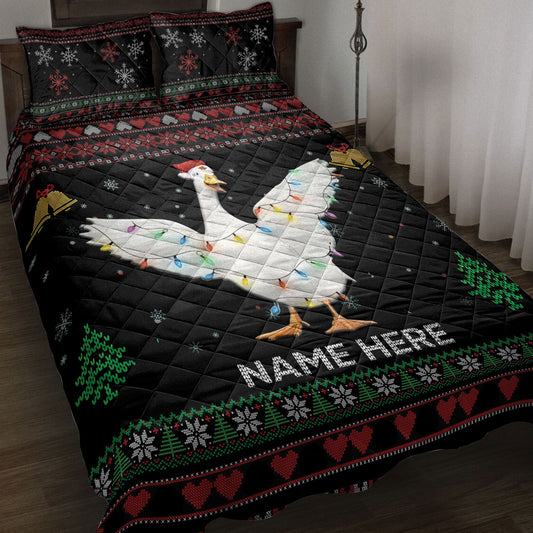 Personalized Duck Quilt Set, Duckmas Hat String Lights Quilt Blanket With Pillowcases, Custom Name Quilt Bedding Set, Christmas Gift