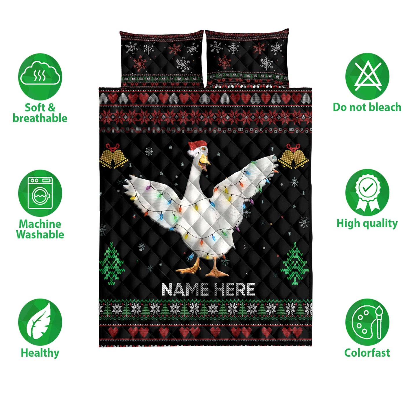 Personalized Duck Quilt Set, Duckmas Hat String Lights Quilt Blanket With Pillowcases, Custom Name Quilt Bedding Set, Christmas Gift