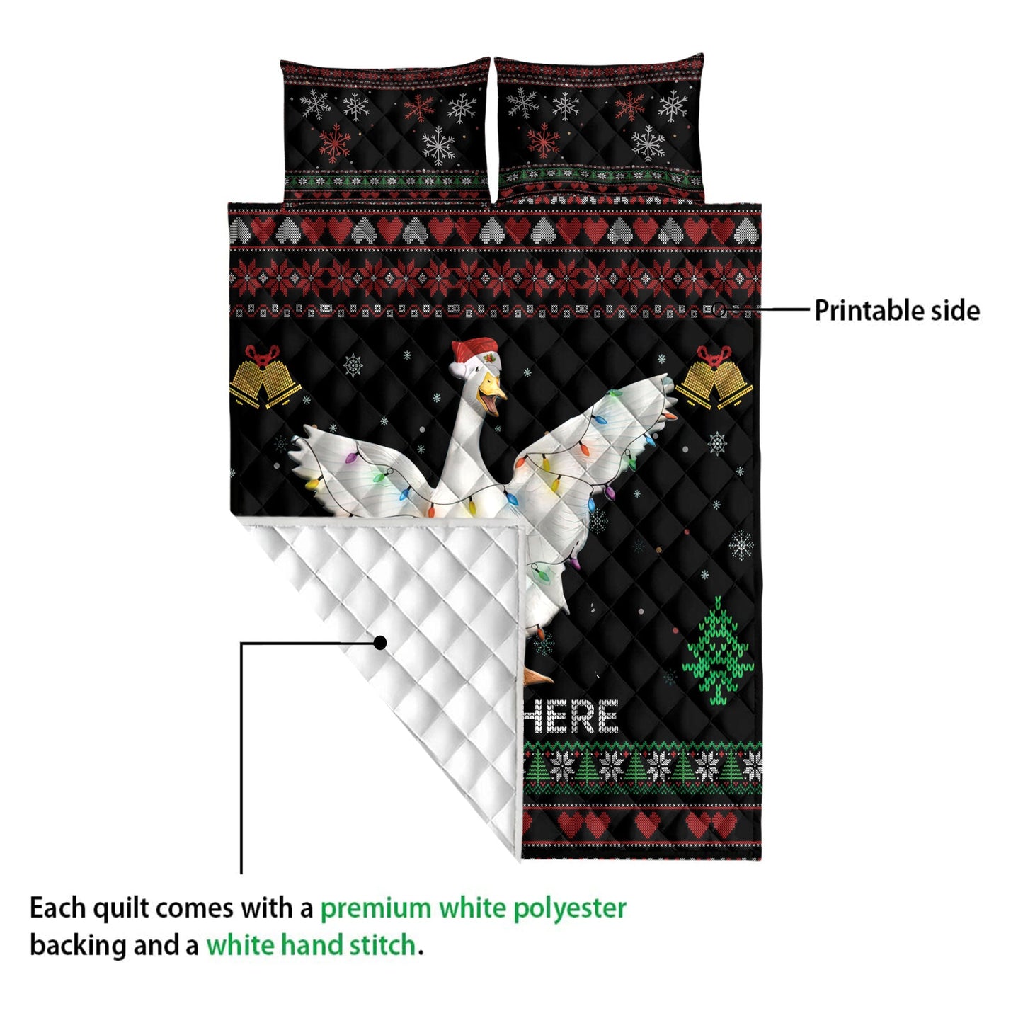 Personalized Duck Quilt Set, Duckmas Hat String Lights Quilt Blanket With Pillowcases, Custom Name Quilt Bedding Set, Christmas Gift