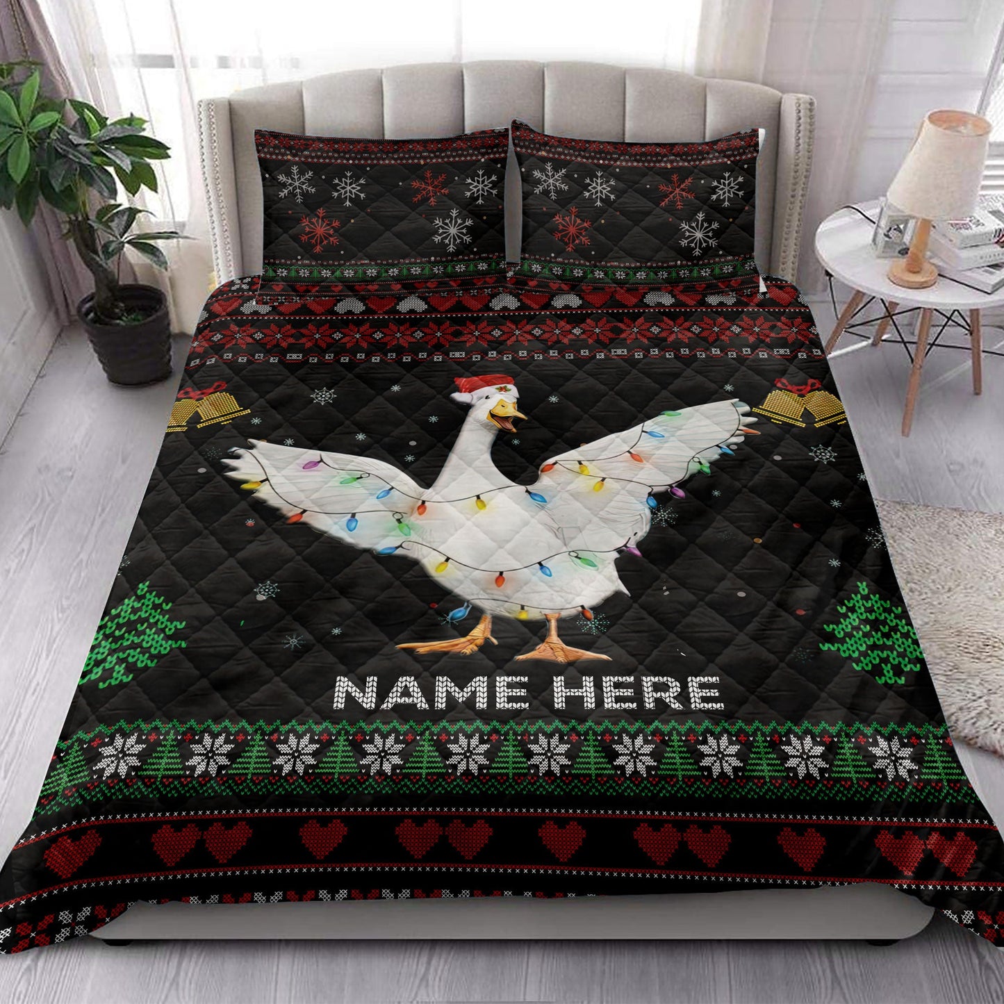 Personalized Duck Quilt Set, Duckmas Hat String Lights Quilt Blanket With Pillowcases, Custom Name Quilt Bedding Set, Christmas Gift