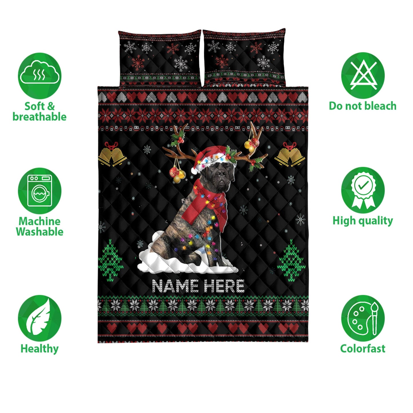 Personalized English Mastiff Quilt Set, Brindle English Mastiffmas Hat Quilt Blanket With Pillowcases, Custom Name Quilt Bedding Set, Christmas Gift