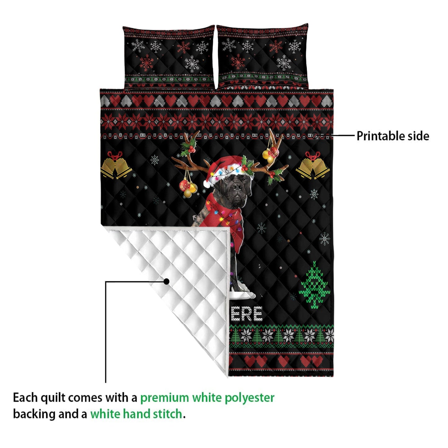 Personalized English Mastiff Quilt Set, Brindle English Mastiffmas Hat Quilt Blanket With Pillowcases, Custom Name Quilt Bedding Set, Christmas Gift