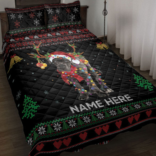 Personalized Cane Corso Quilt Set, Cane Corsomas Hat String Light Quilt Blanket With Pillowcases, Custom Name Quilt Bedding Set, Christmas Gift