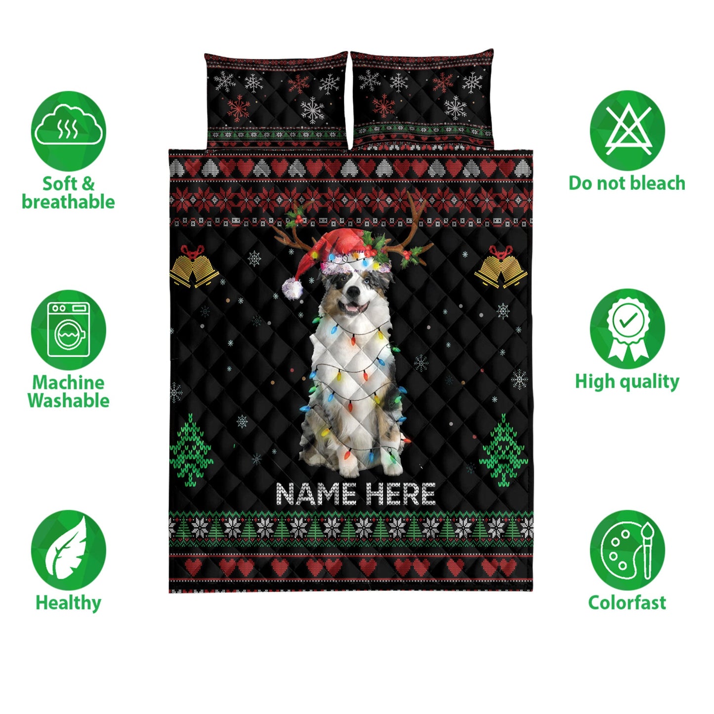 Personalized Australian Shepherd Quilt Set, A Ustralian Shepherdmas Hat Quilt Blanket With Pillowcases, Custom Name Quilt Bedding Set, Christmas Gift