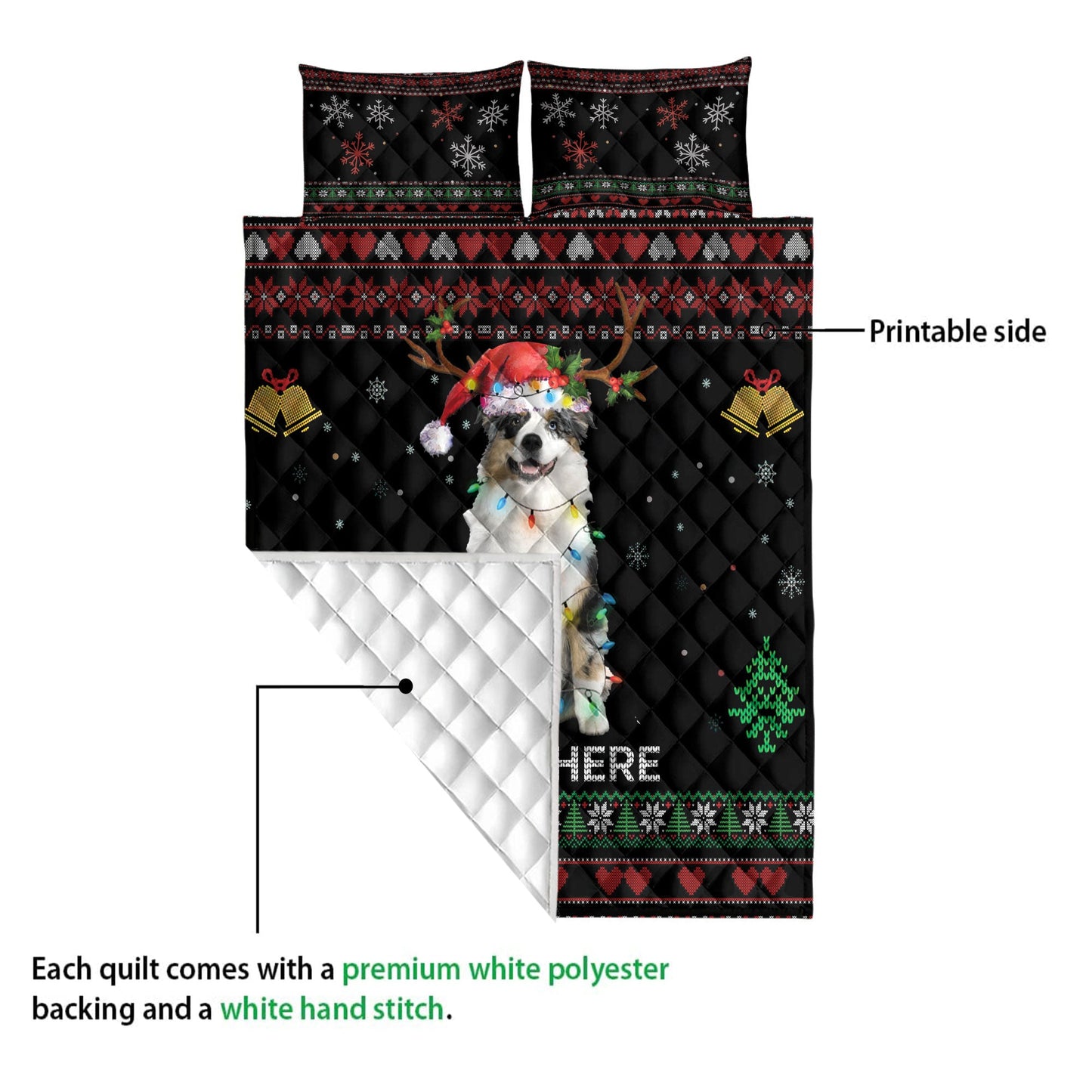 Personalized Australian Shepherd Quilt Set, A Ustralian Shepherdmas Hat Quilt Blanket With Pillowcases, Custom Name Quilt Bedding Set, Christmas Gift