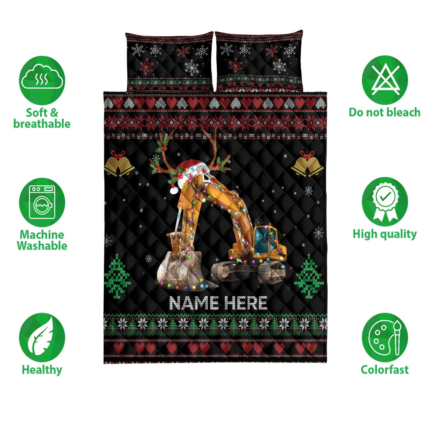 Personalized Excavator Quilt Set, Excavatormas Hat With String Light Quilt Blanket With Pillowcases, Custom Name Quilt Bedding Set, Christmas Gift