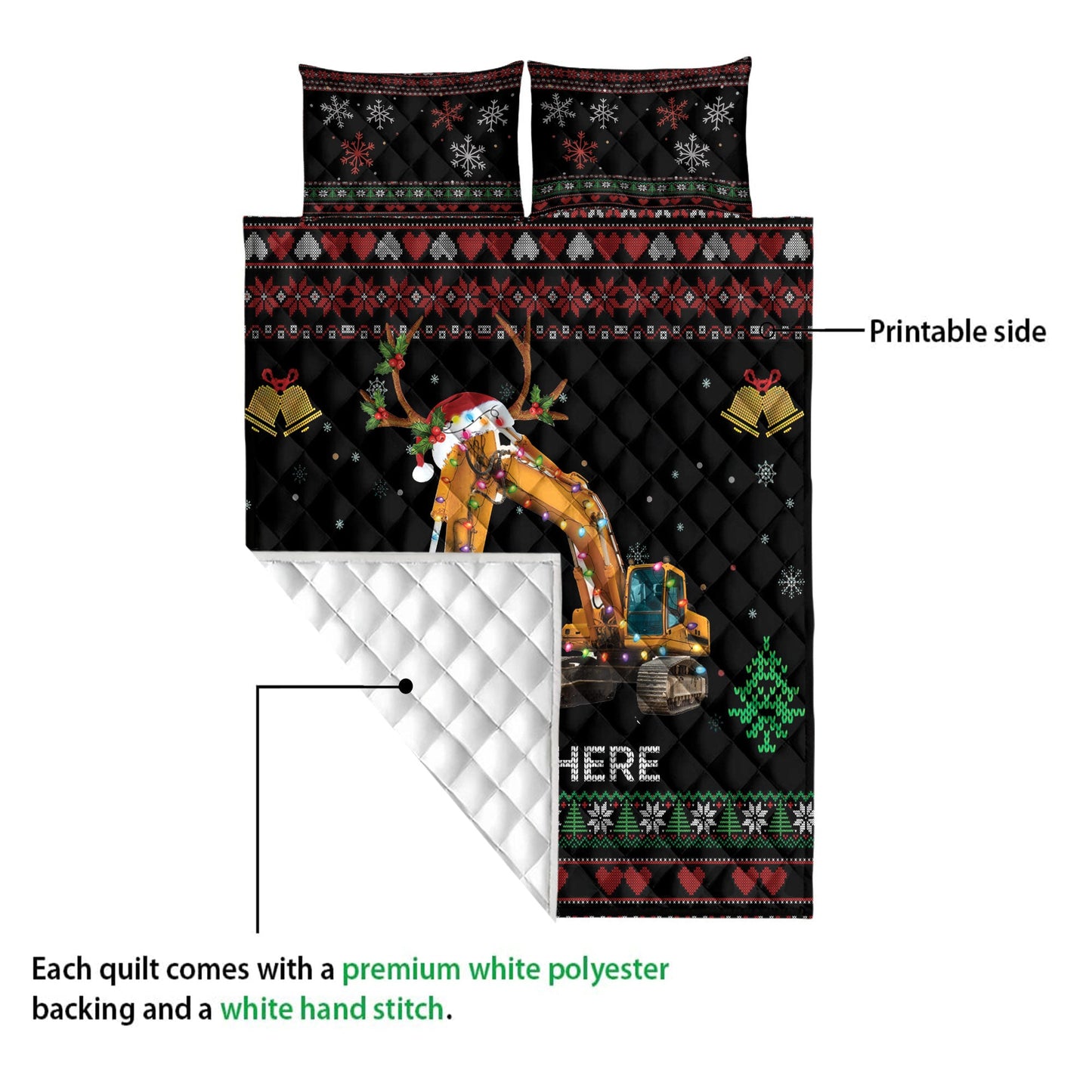 Personalized Excavator Quilt Set, Excavatormas Hat With String Light Quilt Blanket With Pillowcases, Custom Name Quilt Bedding Set, Christmas Gift