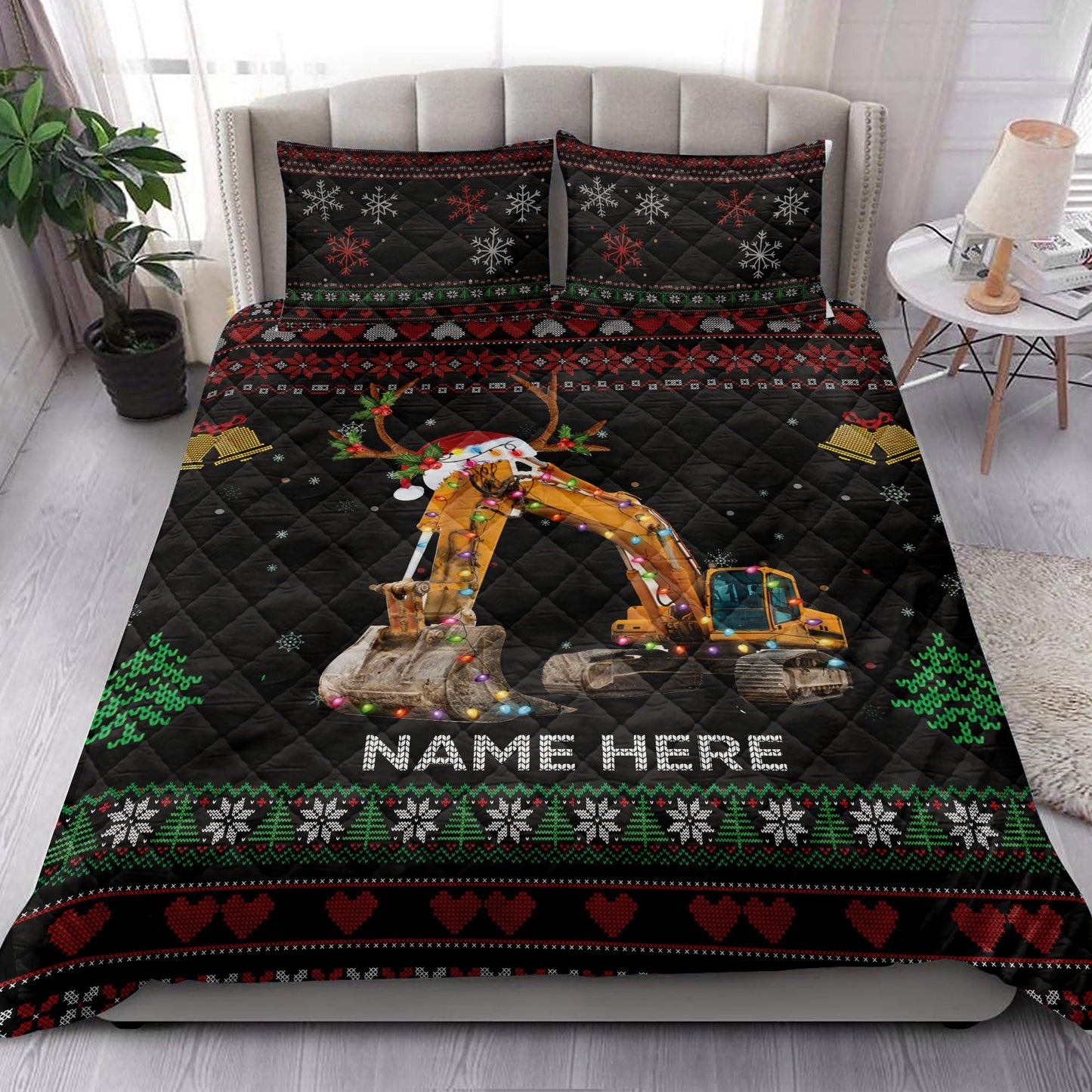 Personalized Excavator Quilt Set, Excavatormas Hat With String Light Quilt Blanket With Pillowcases, Custom Name Quilt Bedding Set, Christmas Gift