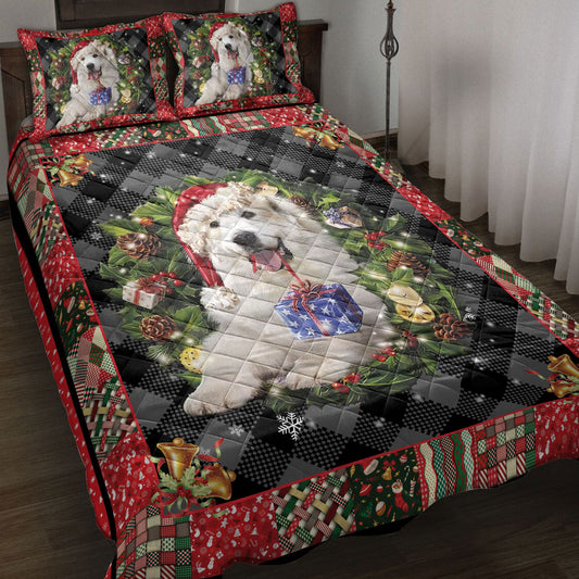 Great Pyrenees Quilt Set, Great Pyrenees Wearingmas Hat Wreath Dog Quilt Blanket With Pillowcases, Quilt Bedding Set, Christmas Gift