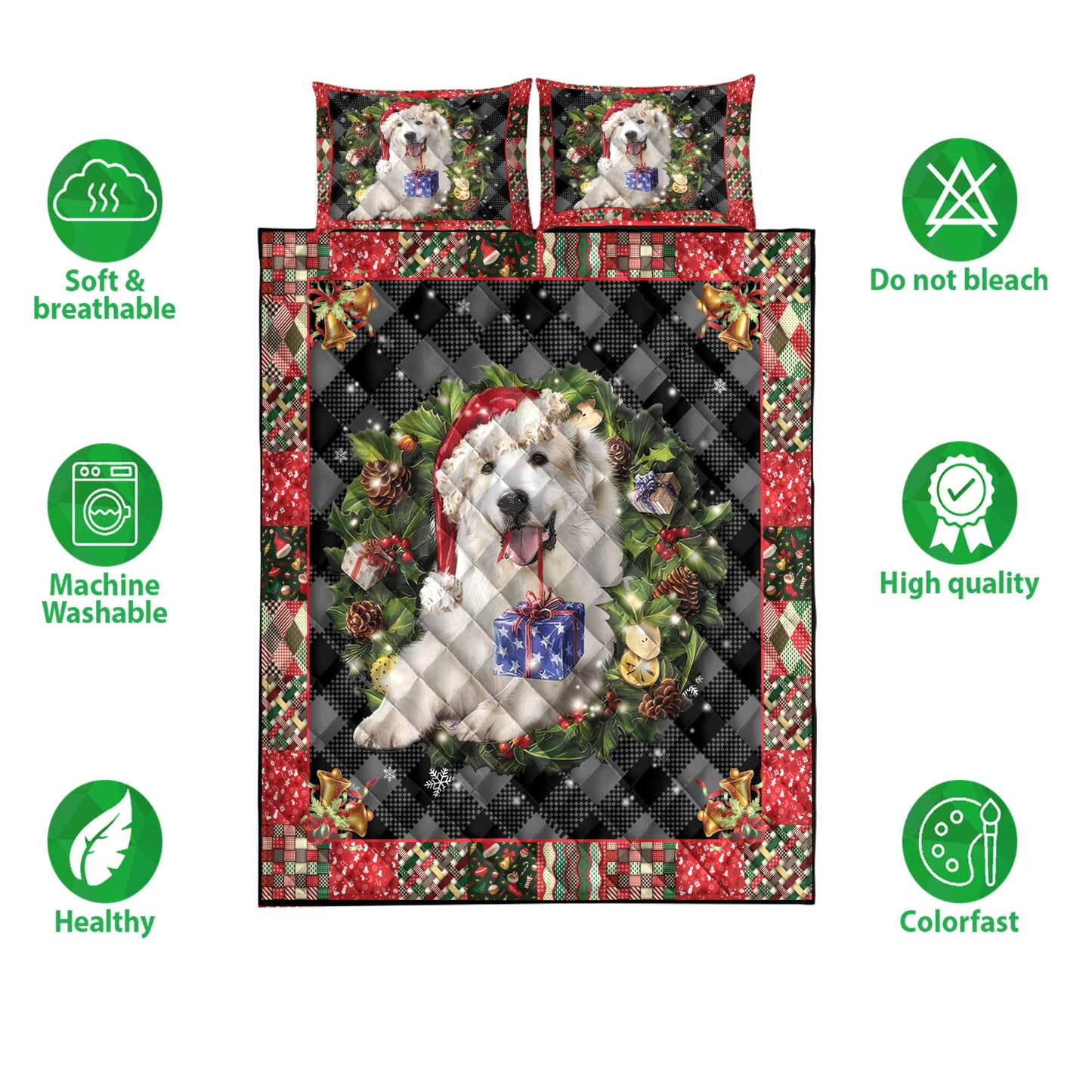 Great Pyrenees Quilt Set, Great Pyrenees Wearingmas Hat Wreath Dog Quilt Blanket With Pillowcases, Quilt Bedding Set, Christmas Gift