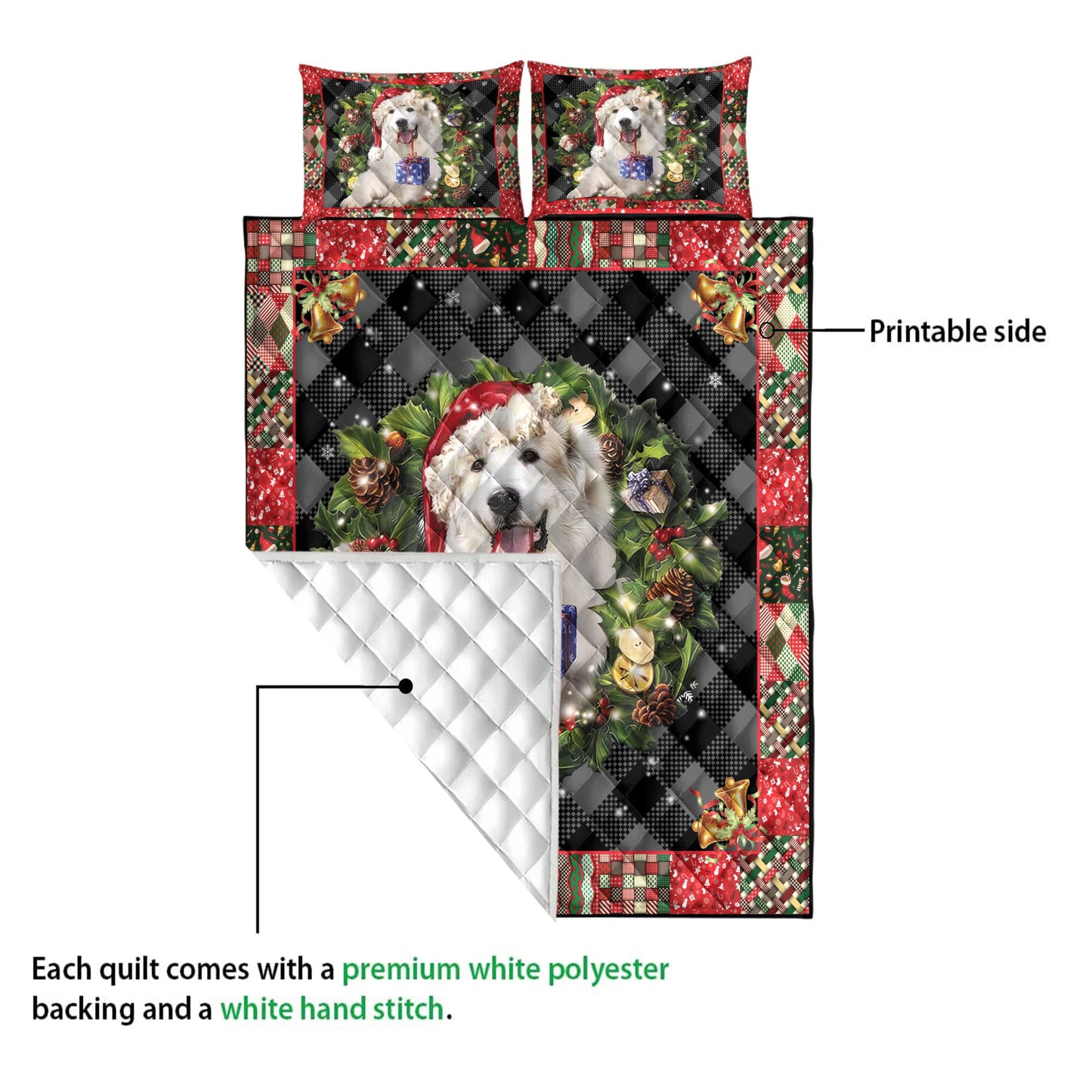 Great Pyrenees Quilt Set, Great Pyrenees Wearingmas Hat Wreath Dog Quilt Blanket With Pillowcases, Quilt Bedding Set, Christmas Gift