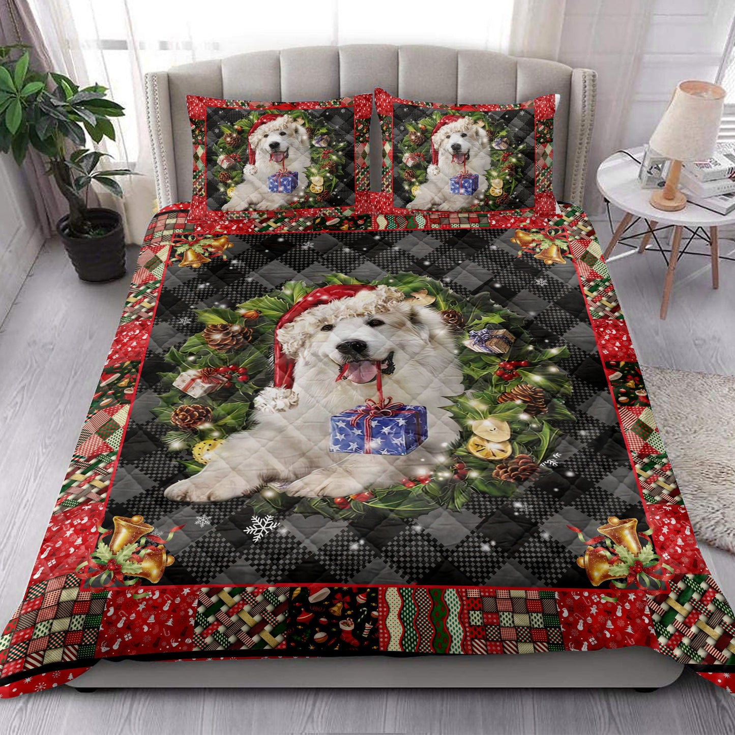 Great Pyrenees Quilt Set, Great Pyrenees Wearingmas Hat Wreath Dog Quilt Blanket With Pillowcases, Quilt Bedding Set, Christmas Gift