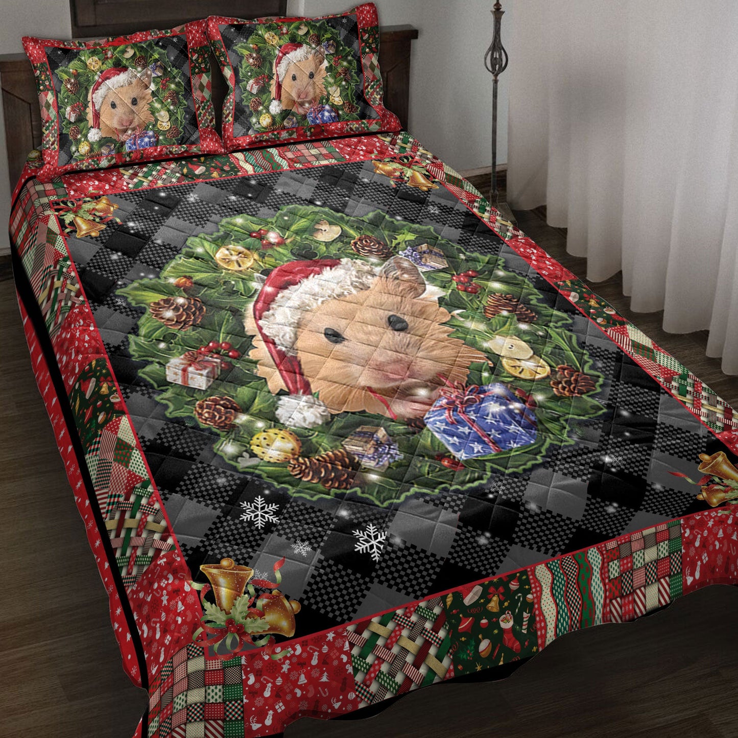 Hamster Quilt Set, Hamster Wearingmas Hat Wreath Hamster Quilt Blanket With Pillowcases, Quilt Bedding Set, Christmas Gift