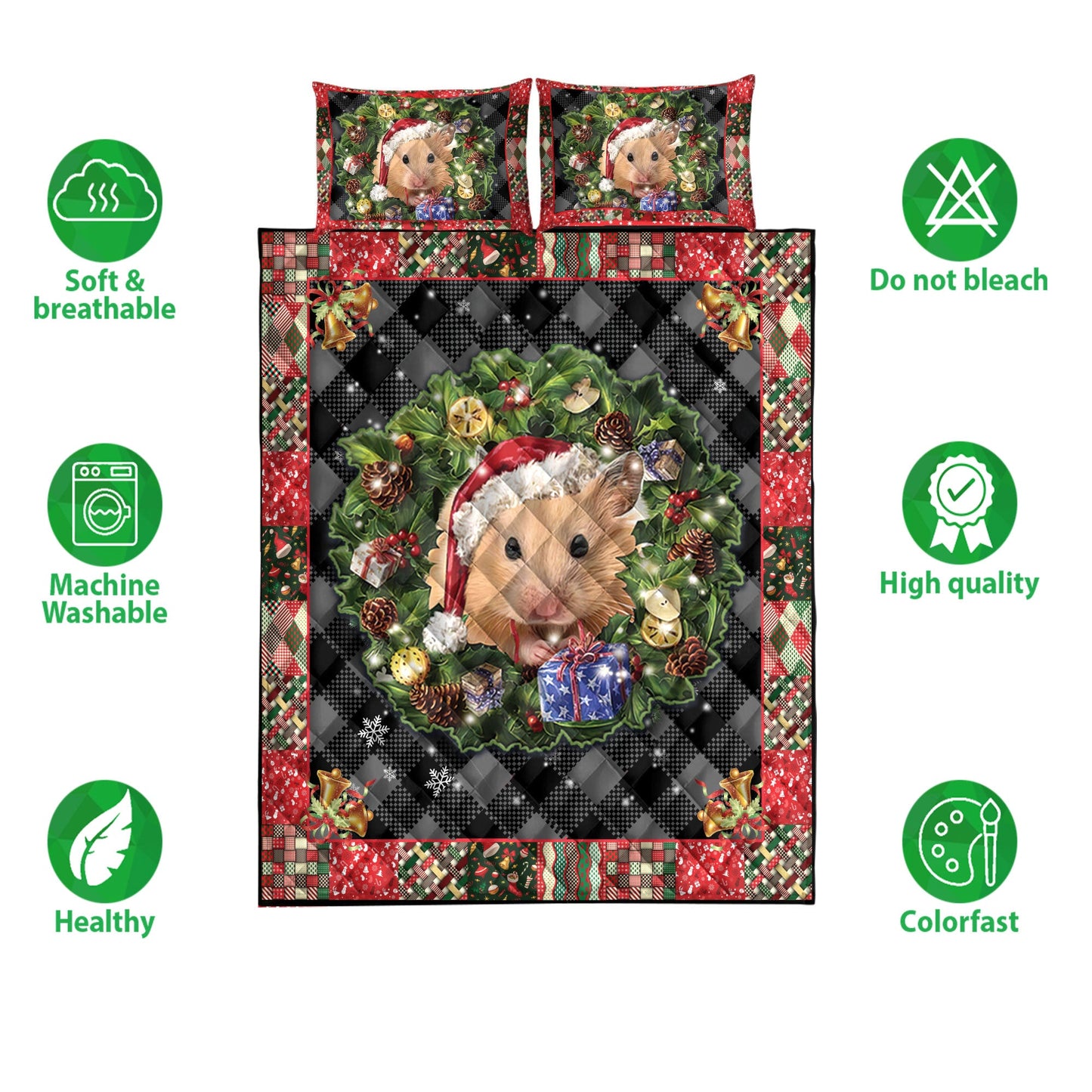 Hamster Quilt Set, Hamster Wearingmas Hat Wreath Hamster Quilt Blanket With Pillowcases, Quilt Bedding Set, Christmas Gift
