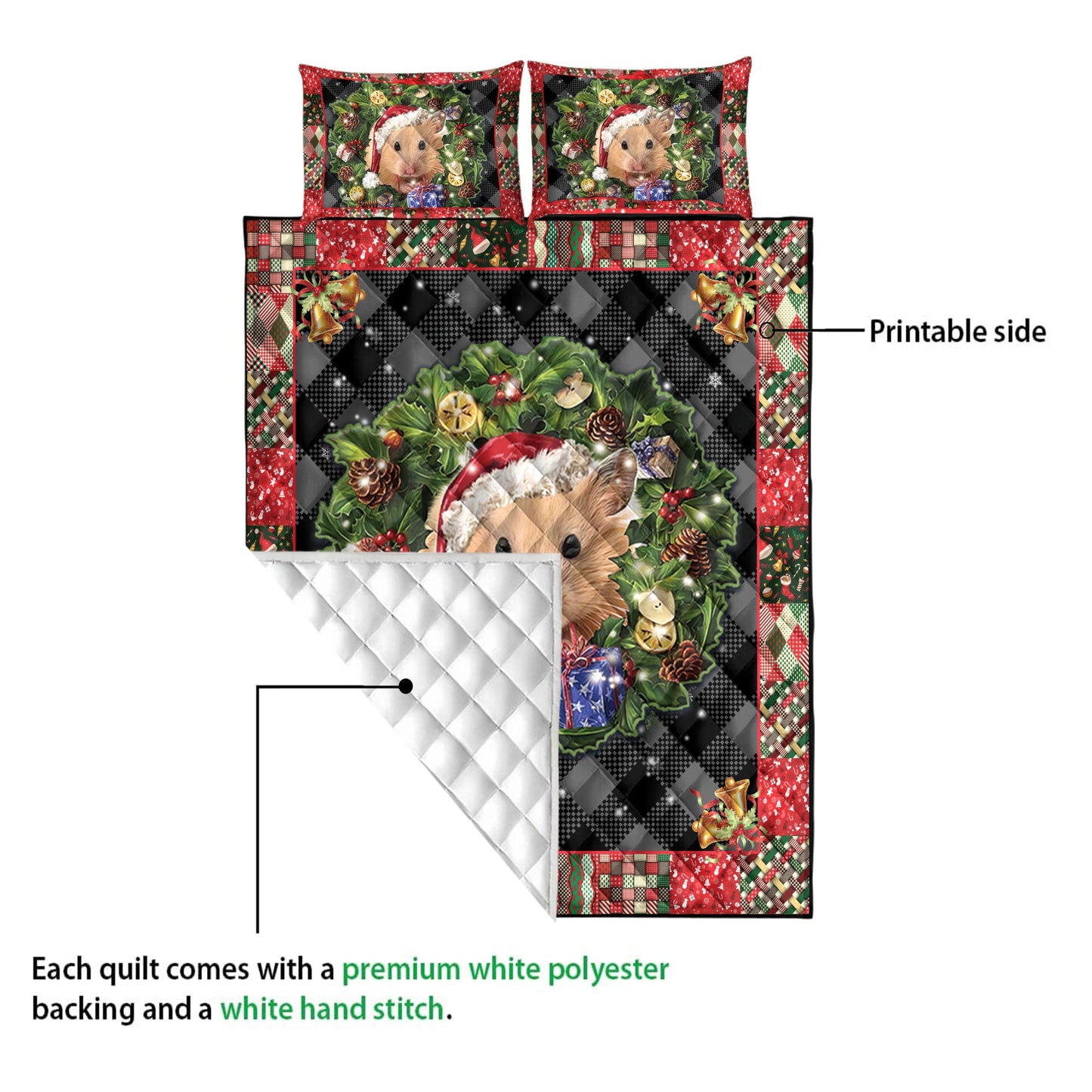 Hamster Quilt Set, Hamster Wearingmas Hat Wreath Hamster Quilt Blanket With Pillowcases, Quilt Bedding Set, Christmas Gift
