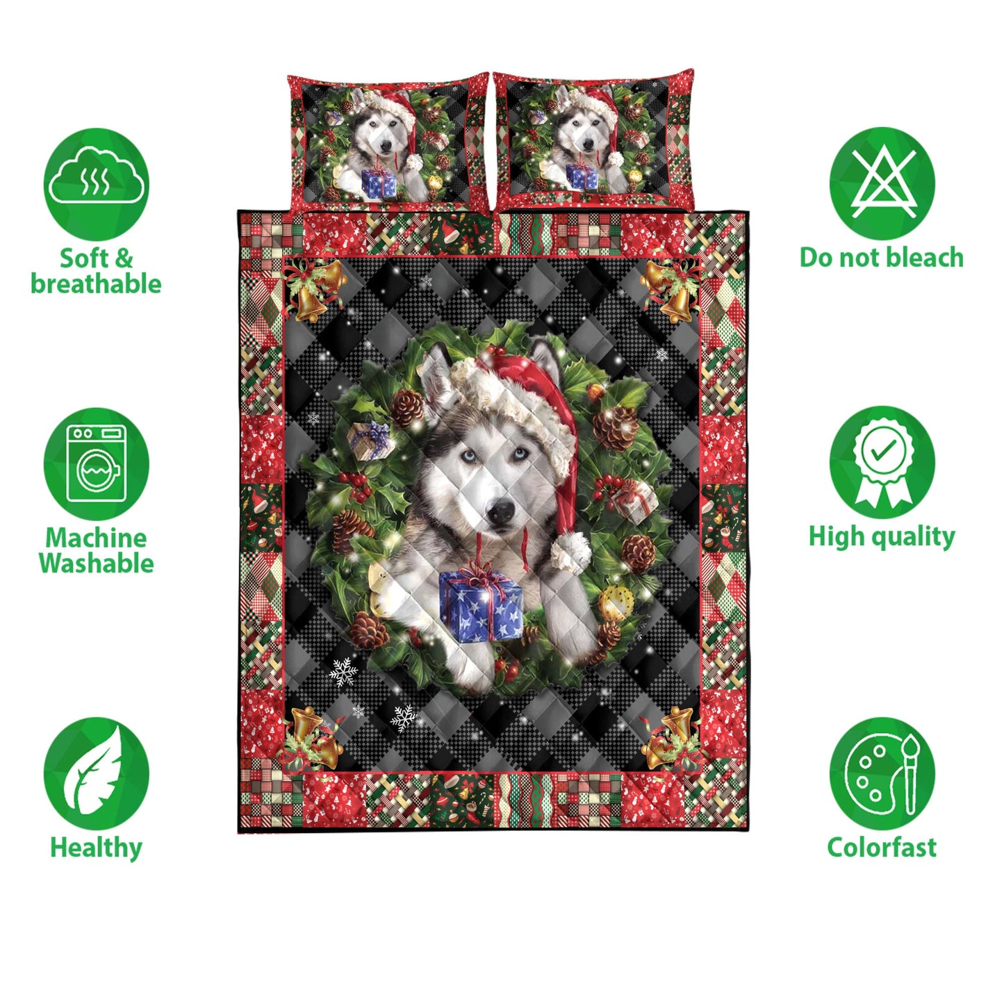 Husky Quilt Set, Siberian H Usky Wearingmas Hat Wreath Dog Quilt Blanket With Pillowcases, Quilt Bedding Set, Christmas Gift
