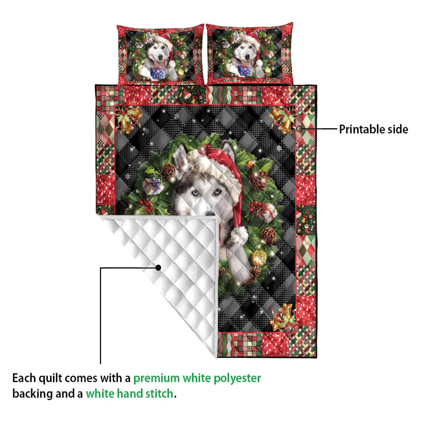 Husky Quilt Set, Siberian H Usky Wearingmas Hat Wreath Dog Quilt Blanket With Pillowcases, Quilt Bedding Set, Christmas Gift