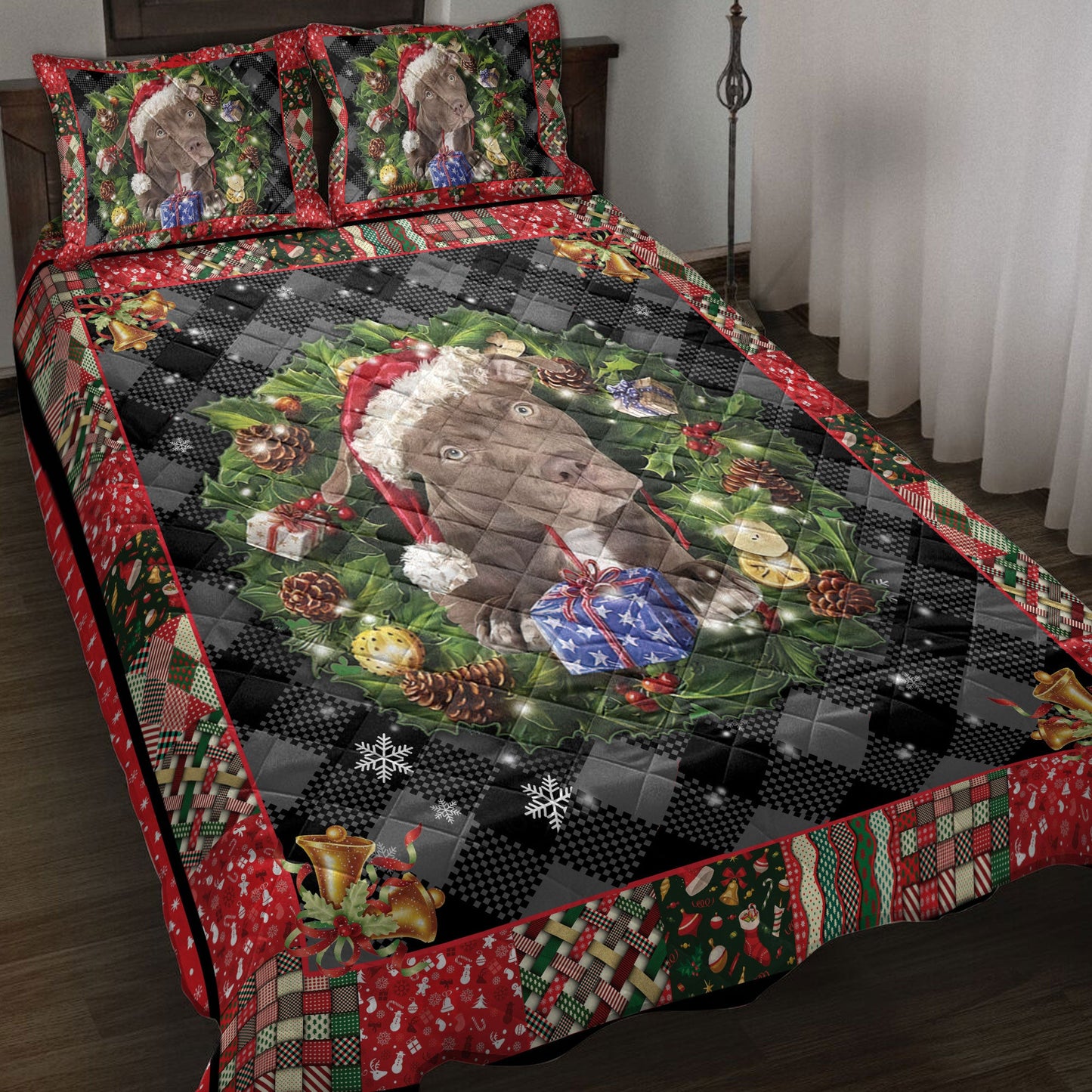 Pitbull Quilt Set, Pitbull Wearingmas Hat Wreath Dog Quilt Blanket With Pillowcases, Quilt Bedding Set, Christmas Gift
