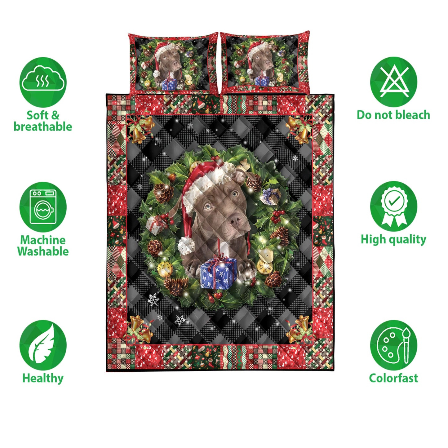 Pitbull Quilt Set, Pitbull Wearingmas Hat Wreath Dog Quilt Blanket With Pillowcases, Quilt Bedding Set, Christmas Gift