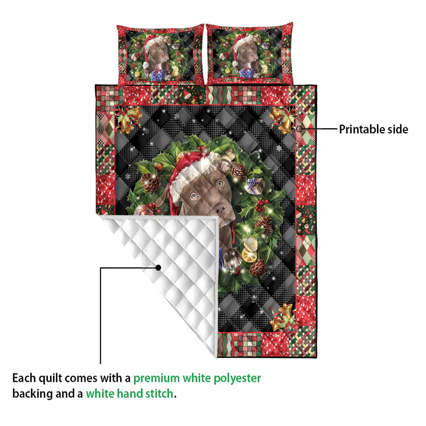 Pitbull Quilt Set, Pitbull Wearingmas Hat Wreath Dog Quilt Blanket With Pillowcases, Quilt Bedding Set, Christmas Gift