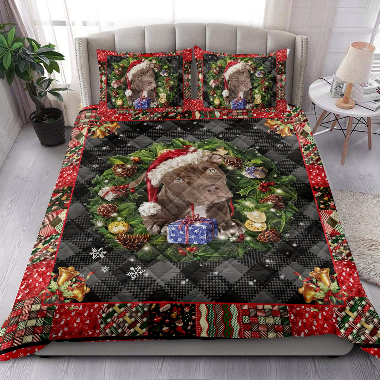 Pitbull Quilt Set, Pitbull Wearingmas Hat Wreath Dog Quilt Blanket With Pillowcases, Quilt Bedding Set, Christmas Gift