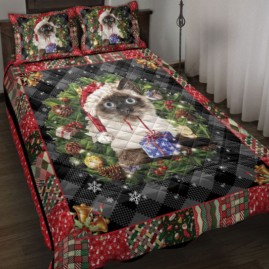 Siamese Quilt Set, Siamese Cat Wearingmas Hat Wreath Cat Quilt Blanket With Pillowcases, Quilt Bedding Set, Christmas Gift