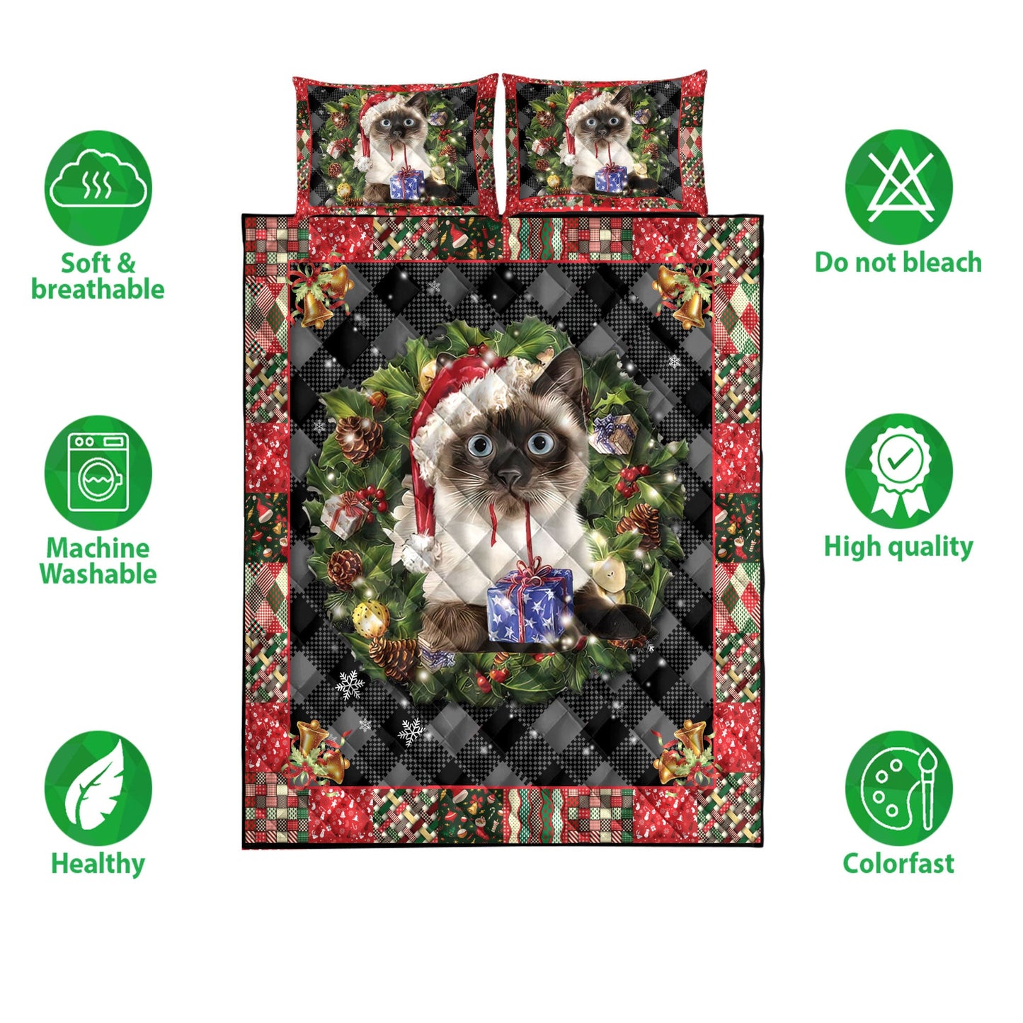 Siamese Quilt Set, Siamese Cat Wearingmas Hat Wreath Cat Quilt Blanket With Pillowcases, Quilt Bedding Set, Christmas Gift