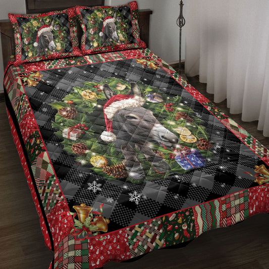 Donkey Quilt Set, Donkey Wearingmas Hat Wreat Donkey Quilt Blanket With Pillowcases, Quilt Bedding Set, Christmas Gift