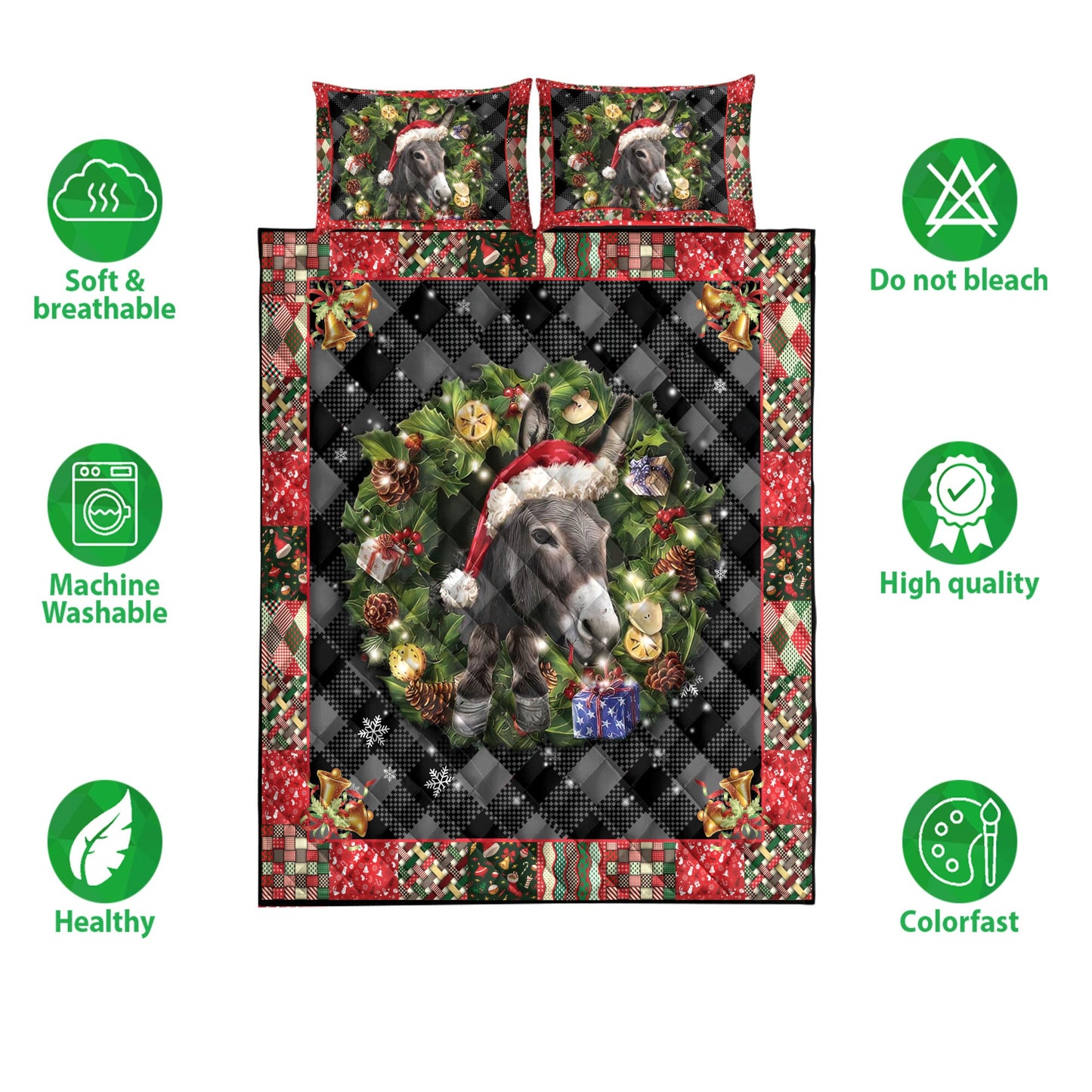 Donkey Quilt Set, Donkey Wearingmas Hat Wreat Donkey Quilt Blanket With Pillowcases, Quilt Bedding Set, Christmas Gift