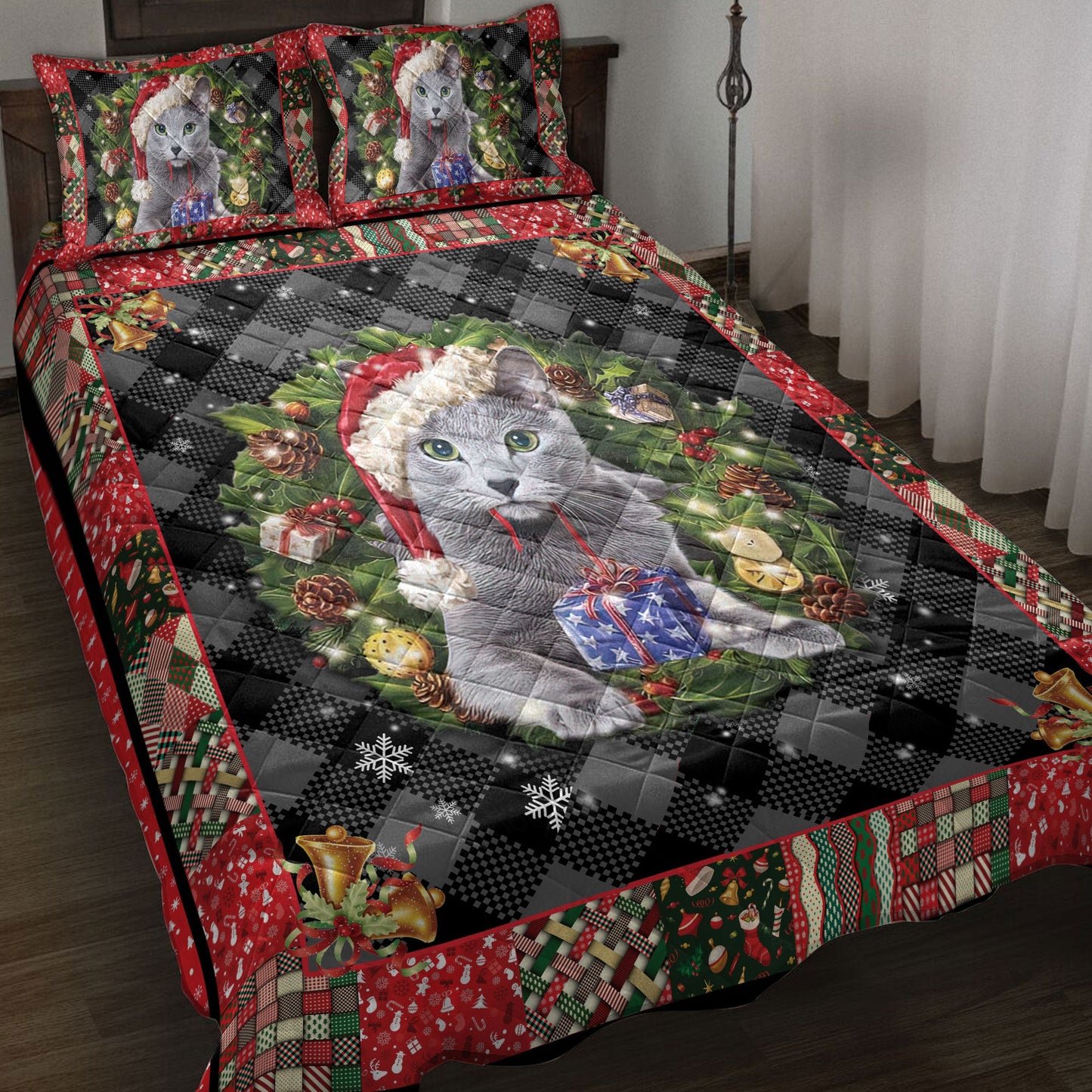 Russian Blue Quilt Set, R Ussian Blue Wearingmas Hat Wreath Cat Quilt Blanket With Pillowcases, Quilt Bedding Set, Christmas Gift