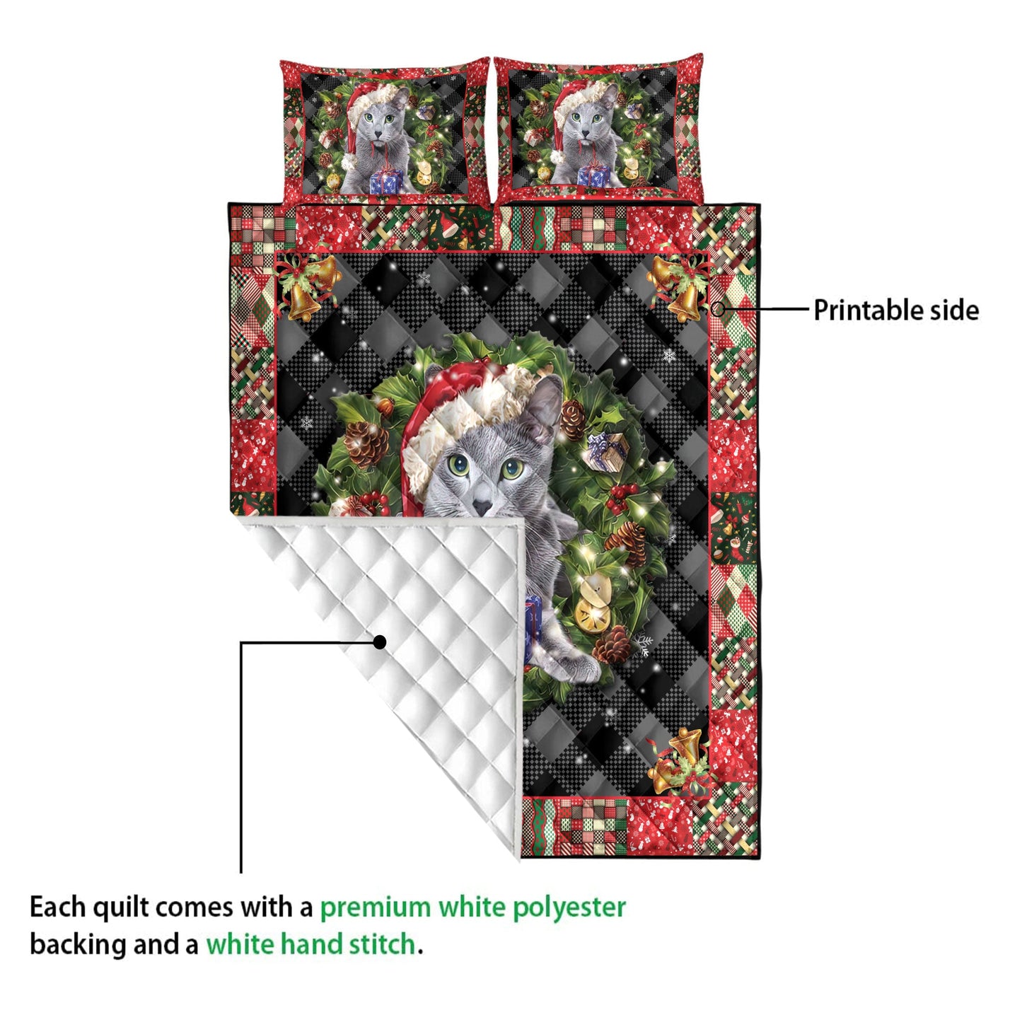 Russian Blue Quilt Set, R Ussian Blue Wearingmas Hat Wreath Cat Quilt Blanket With Pillowcases, Quilt Bedding Set, Christmas Gift