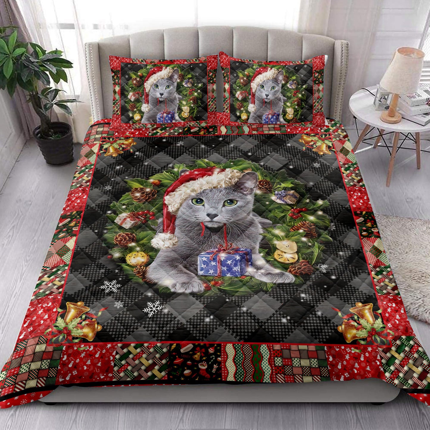 Russian Blue Quilt Set, R Ussian Blue Wearingmas Hat Wreath Cat Quilt Blanket With Pillowcases, Quilt Bedding Set, Christmas Gift