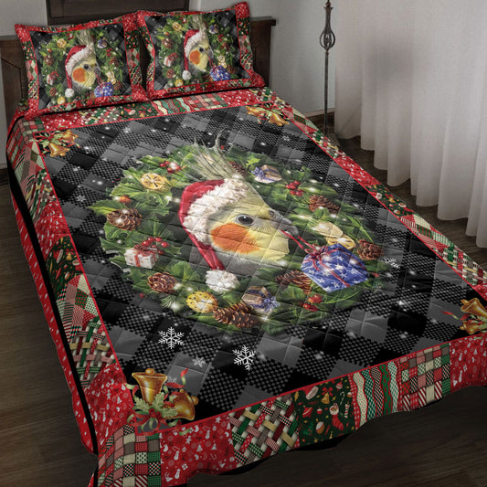 Cockatiel Quilt Set, Cockatiel Wearingmas Hat Wreath Parrot Quilt Blanket With Pillowcases, Quilt Bedding Set, Christmas Gift