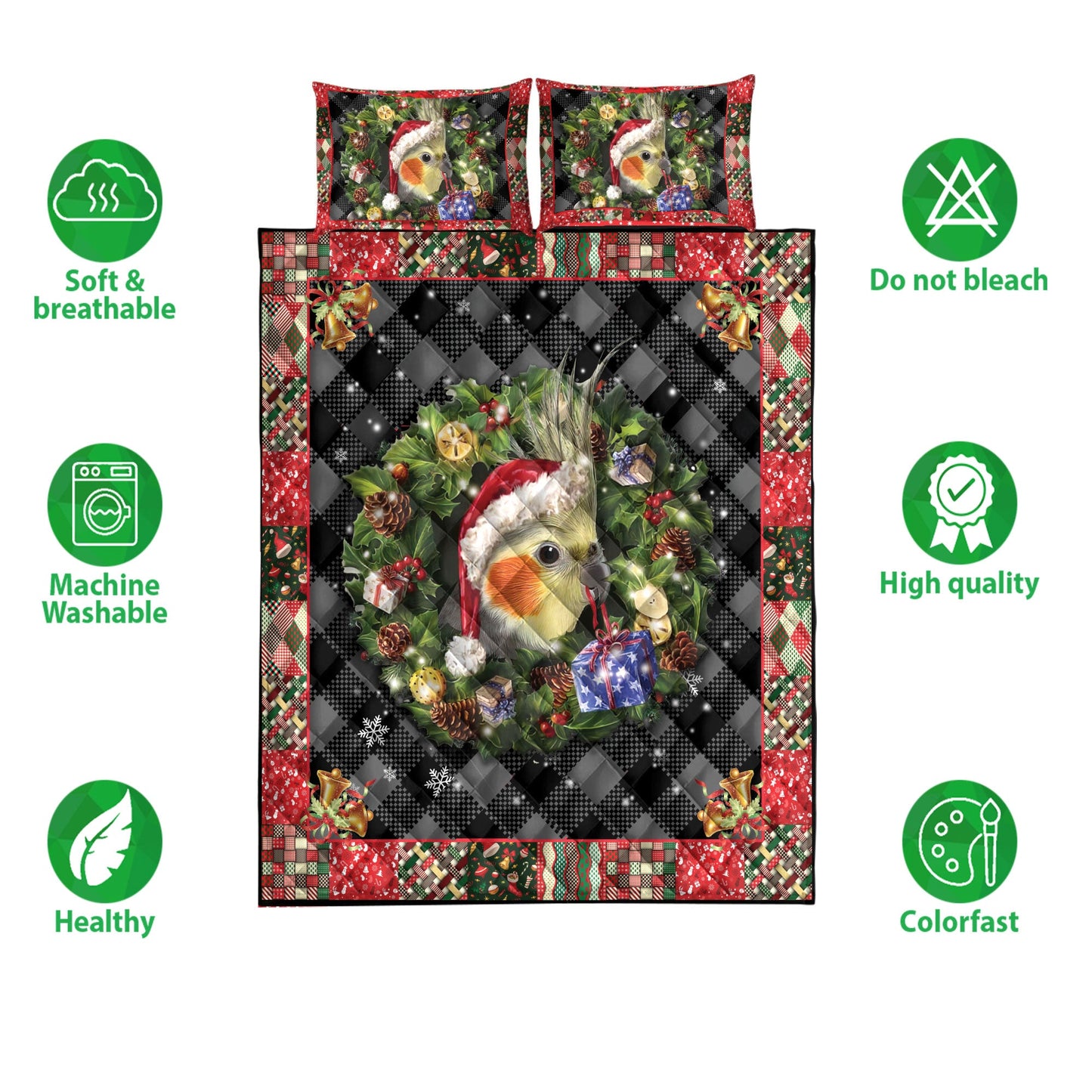 Cockatiel Quilt Set, Cockatiel Wearingmas Hat Wreath Parrot Quilt Blanket With Pillowcases, Quilt Bedding Set, Christmas Gift