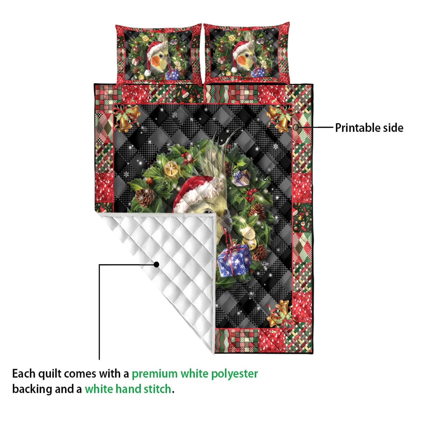 Cockatiel Quilt Set, Cockatiel Wearingmas Hat Wreath Parrot Quilt Blanket With Pillowcases, Quilt Bedding Set, Christmas Gift