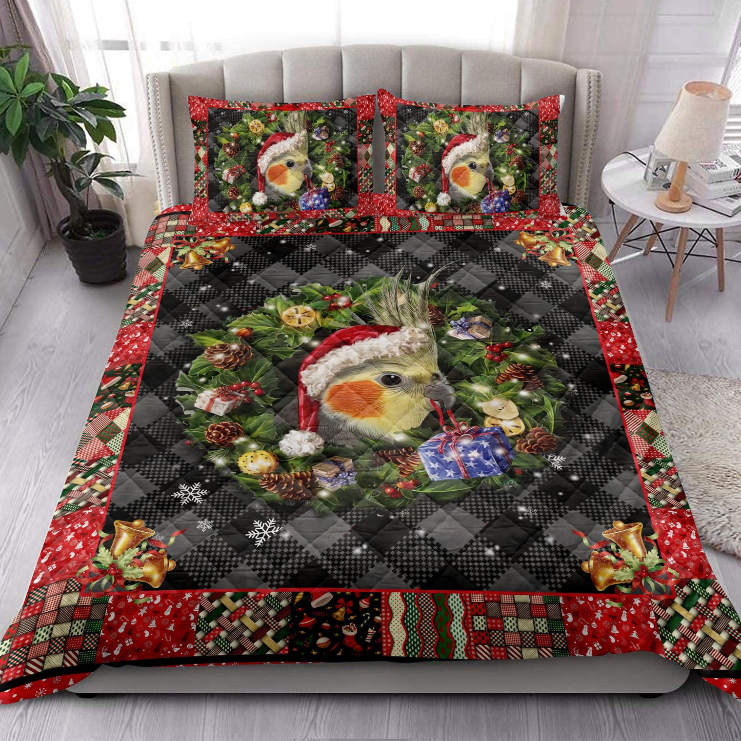Cockatiel Quilt Set, Cockatiel Wearingmas Hat Wreath Parrot Quilt Blanket With Pillowcases, Quilt Bedding Set, Christmas Gift