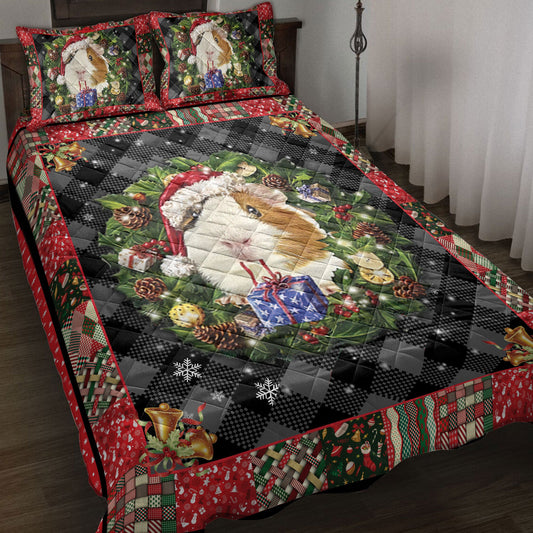 Guinea Pig Quilt Set, Guinea Pig Wearingmas Hat String Lights Quilt Blanket With Pillowcases, Quilt Bedding Set, Christmas Gift